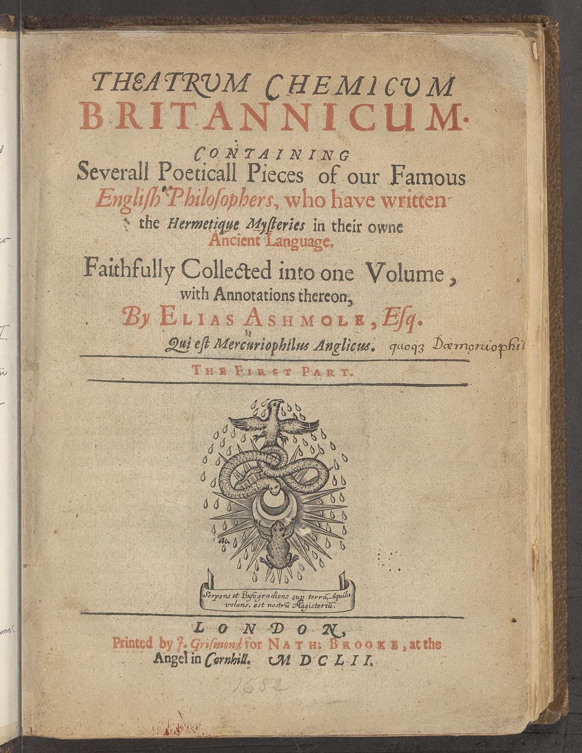 A title page of Theatrum Chemicum Britannicum with text in old 17th centruy font with a graphic of a serpent, bird, and frog